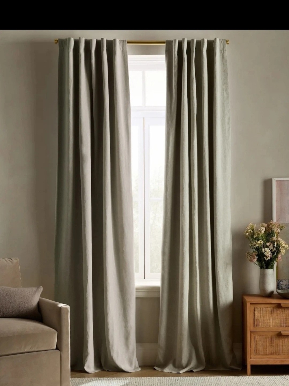 Quince Set of 2 Linen Curtain Panels Room Darkening, Sage,  48" x 96", NEW!
